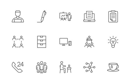 Teamwork icons set. coworking space icons. Business teamwork, team building, work group, and human resources minimal thin line icon collection. vector