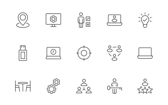 Teamwork minimal line icons collection. Set of coworking space icons. Business teamwork, team building, work group, and human resources and more. vector