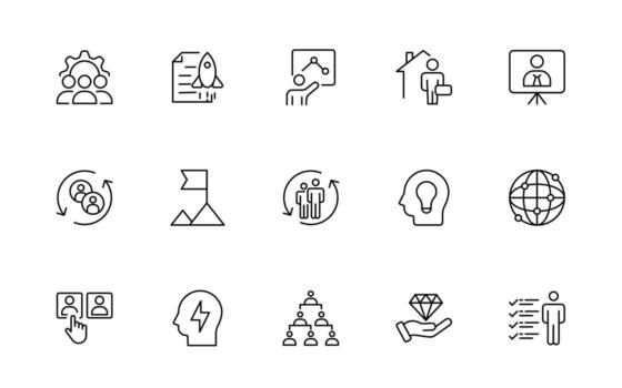 Teamwork thin line icons collection. Set of coworking space icons. Business teamwork, team building, work group, and human resources icon set. vector
