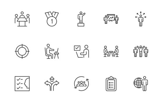 Teamwork line icon of coworking space icons. Business teamwork, team building, work group, and human resources thin line icon set. vector