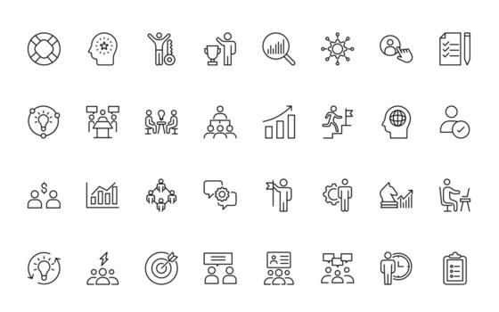 trabajo en equipo línea icono de trabajo colaborativo espacio iconos negocio trabajo en equipo, equipo edificio, trabajo grupo, y humano recursos mínimo Delgado línea icono colocar. vector