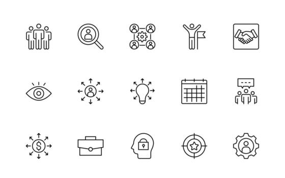 Teamwork minimal line icons collection. Set of coworking space icons. Business teamwork, team building, work group, and human resources thin line icon set. vector