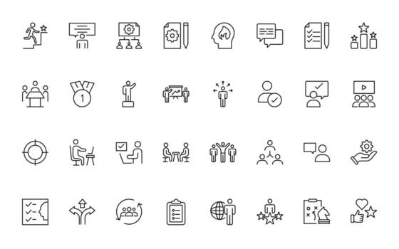 trabajo en equipo línea íconos recopilación. conjunto de trabajo colaborativo espacio iconos negocio trabajo en equipo, equipo edificio, trabajo grupo, y humano recursos mínimo Delgado línea web icono colocar. vector