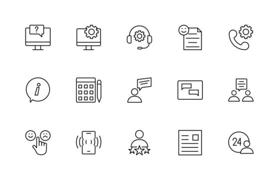 apoyo y cliente Servicio línea estilo moderno íconos colocar. cliente comentario, respuesta, experiencia, línea de ayuda y técnico Delgado línea icono embalar. vector