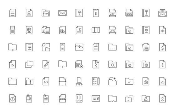 Document File line icons. Document icon set. Set of outline icons related to document, files, message, security thin line icon pack. vector