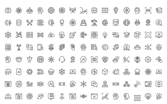 Artificial intelligence and Networking technology icon set. AI and networking simple minimal editable line icon collection. vector