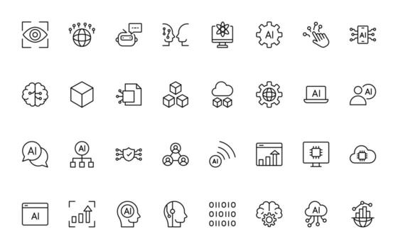Artificial intelligence and Networking technology icon set. AI and networking simple minimal editable thin line icon set. vector