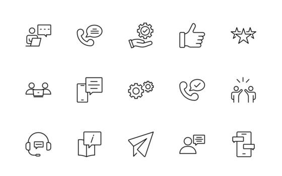 apoyo y cliente Servicio línea estilo moderno íconos colocar. cliente comentario, respuesta, experiencia, línea de ayuda y técnico apoyo Delgado línea icono embalar. vector