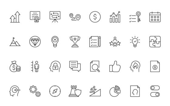 Growth and Success modern line style icons set. Successful business development, plan and process minimal thin line symbol illustration. vector