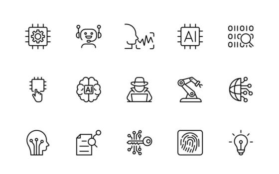 Artificial intelligence and Networking technology icon set. AI and networking minimal editable thin line icon collection. vector