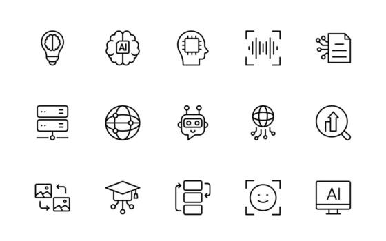 Artificial intelligence and Networking technology icon set. AI and networking simple minimal thin line icon collection. vector