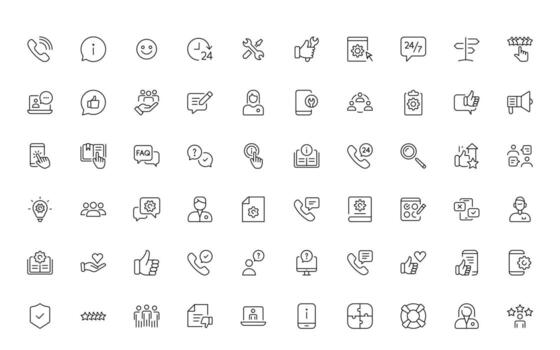 apoyo y cliente o cliente Servicio estilo moderno íconos colocar. cliente comentario, respuesta, experiencia, línea de ayuda y técnico apoyo mínimo Delgado línea icono ilustración vector