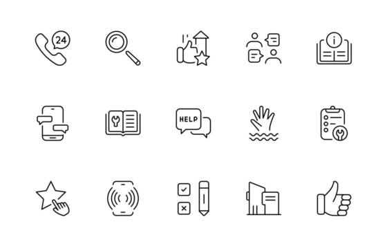 apoyo y cliente o cliente Servicio estilo moderno íconos colocar. cliente comentario, respuesta, experiencia, línea de ayuda y técnico apoyo mínimo Delgado línea icono recopilación. vector