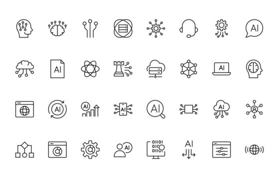 Artificial intelligence and Networking technology icon set. AI and networking simple minimal editable thin icon collection. vector