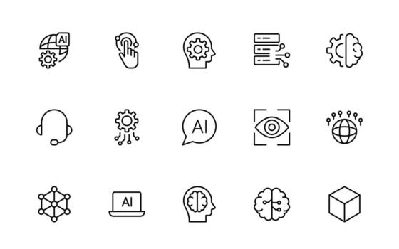 Artificial intelligence and Networking technology icon set. AI and networking minimal editable thin line icon set. vector