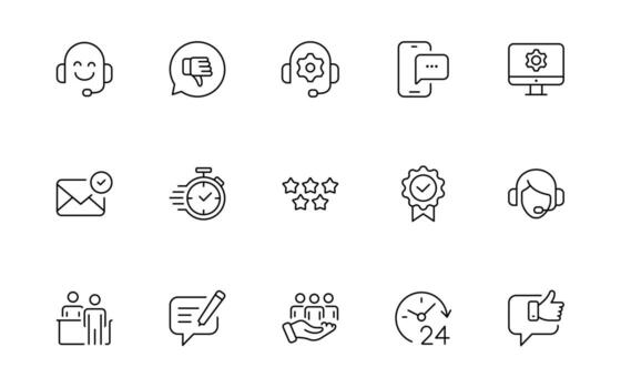 apoyo y cliente o cliente Servicio estilo moderno íconos colocar. cliente comentario, respuesta, experiencia, línea de ayuda y técnico apoyo sencillo mínimo línea icono recopilación. vector