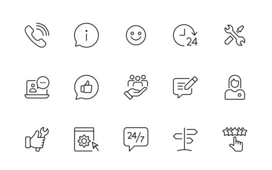 apoyo y cliente o cliente Servicio estilo moderno íconos colocar. cliente comentario, respuesta, experiencia, línea de ayuda y técnico apoyo sencillo mínimo Delgado icono recopilación. vector