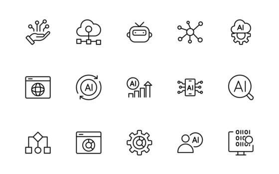 Artificial intelligence and Networking technology icon set. AI and networking simple minimal editable thin icon set. vector