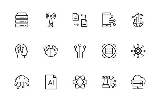 Artificial intelligence and Networking technology icon set. AI and networking simple editable thin line icon set. vector