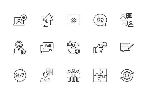apoyo y cliente Servicio línea estilo moderno íconos colocar. cliente comentario, respuesta, experiencia, línea de ayuda y técnico apoyo línea icono embalar. vector
