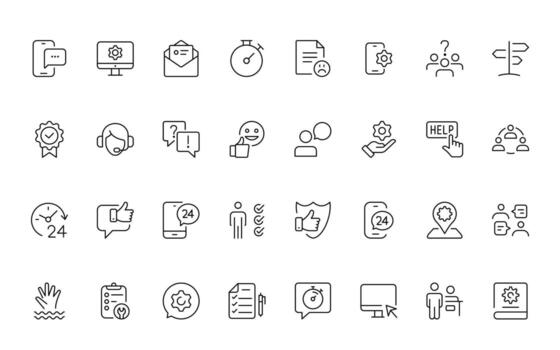 apoyo y cliente o cliente Servicio estilo moderno íconos colocar. cliente comentario, respuesta, experiencia, línea de ayuda y técnico apoyo sencillo mínimo línea icono ilustración vector