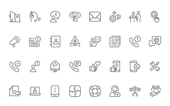 apoyo y cliente o cliente Servicio estilo moderno íconos colocar. cliente comentario, respuesta, experiencia, línea de ayuda y técnico apoyo sencillo mínimo Delgado icono ilustración vector