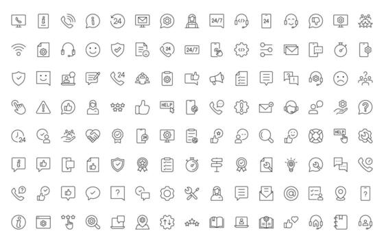 apoyo y cliente Servicio iconos cliente comentario, respuesta, experiencia, línea de ayuda y técnico apoyo editable Delgado línea icono colocar. vector