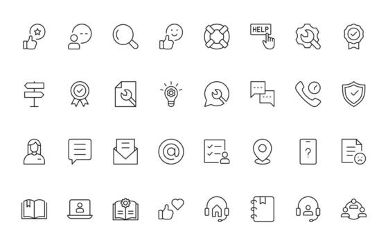 apoyo y cliente Servicio iconos cliente comentario, respuesta, experiencia, línea de ayuda y técnico apoyo sencillo mínimo editable línea icono recopilación. vector