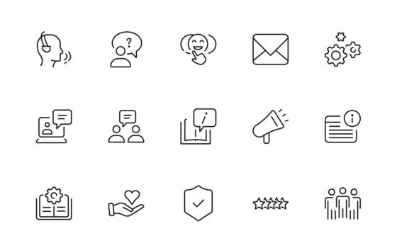 apoyo y cliente o cliente Servicio estilo moderno íconos colocar. cliente comentario, respuesta, experiencia, línea de ayuda y técnico apoyo sencillo Delgado línea icono recopilación. vector