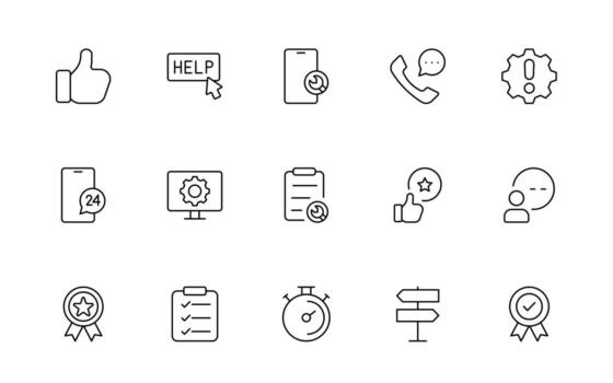 apoyo y cliente Servicio iconos cliente comentario, respuesta, experiencia, línea de ayuda y técnico apoyo mínimo editable Delgado línea icono recopilación. vector