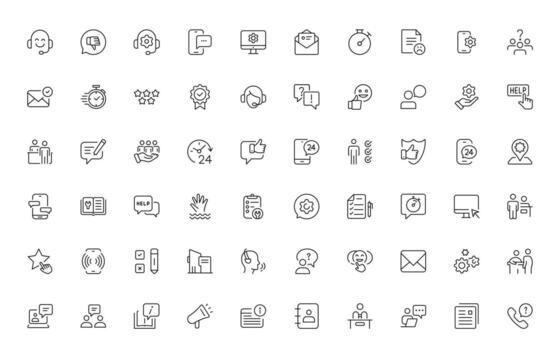 apoyo y cliente o cliente Servicio estilo moderno íconos colocar. cliente comentario, respuesta, experiencia, línea de ayuda y técnico apoyo sencillo mínimo Delgado línea icono ilustración vector