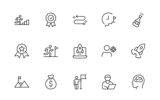 Growth and Success modern line style icons set. Successful business development, plan and process thin line Icon set. vector