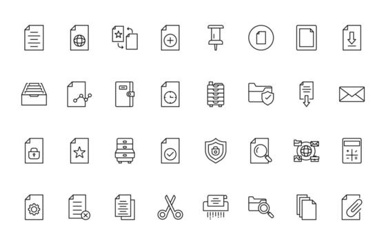 Document line icons. Document icon set. Set of outline icons related to document, files, message, minimal icon set. vector