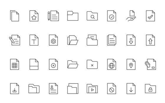 Document File line icons. Document icon set. Set of outline icons related to document, files, message, security simple and thin line icon pack. vector