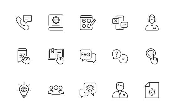apoyo y cliente o cliente Servicio estilo moderno íconos colocar. cliente comentario, respuesta, experiencia, línea de ayuda y técnico apoyo línea icono recopilación. vector