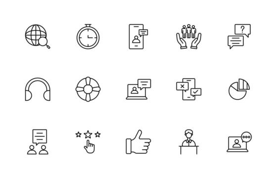 apoyo y cliente Servicio línea estilo moderno íconos colocar. cliente comentario, respuesta, experiencia, línea de ayuda y técnico apoyo sencillo línea icono colocar. vector