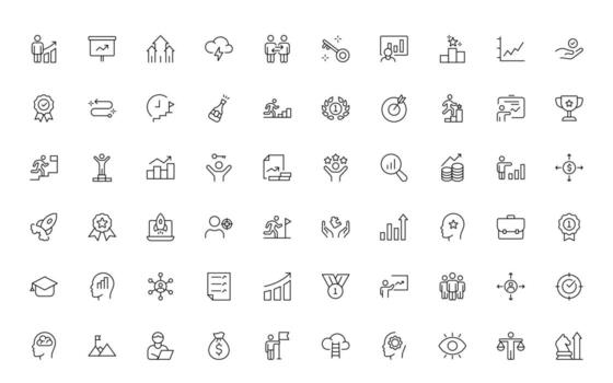 Growth and Success modern line style icons set. Successful business development, plan and process simple thin line Icon collection. vector