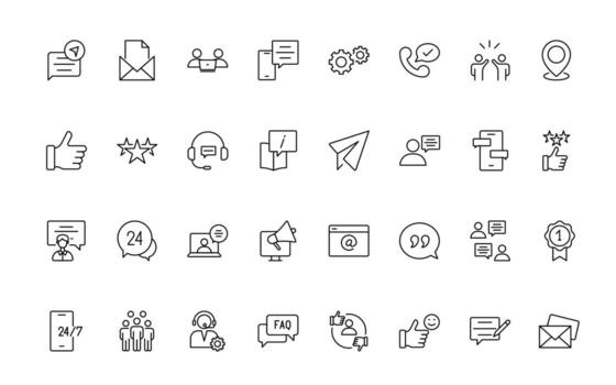 apoyo y cliente Servicio línea estilo moderno íconos colocar. cliente comentario, respuesta, experiencia, línea de ayuda y técnico apoyo línea icono recopilación. vector