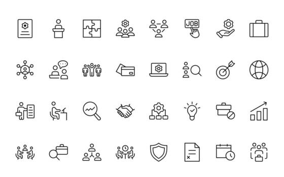 Workshop, office, brainstorm, leadership related icons. Simple minimal editable thin icon set. vector