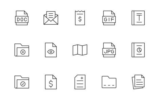 Document File line icons. Document icon set. Set of outline icons related to document, files, message, security line icon pack. vector