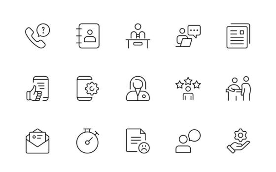 apoyo y cliente o cliente Servicio estilo moderno íconos colocar. cliente comentario, respuesta, experiencia, línea de ayuda y técnico apoyo mínimo línea icono recopilación. vector