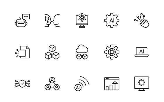 Artificial intelligence and Networking technology icon set. AI and networking simple minimal editable thin line icon collection. vector