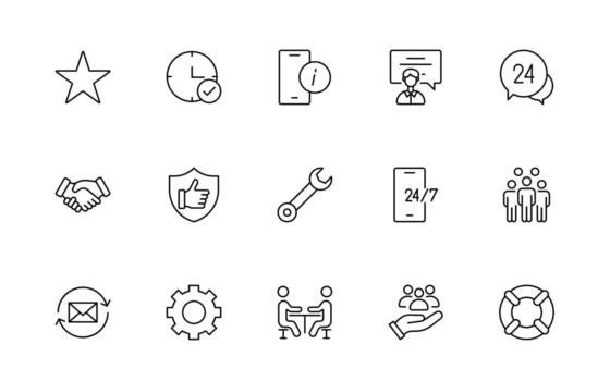 apoyo y cliente Servicio línea estilo moderno íconos colocar. cliente comentario, respuesta, experiencia, línea de ayuda y técnico apoyo icono recopilación. vector