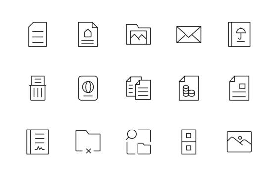 Document File line icons. Document icon set. Set of outline icons related to document, files, message, security thin line icon set. vector