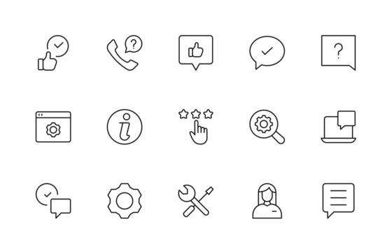 apoyo y cliente Servicio iconos cliente comentario, respuesta, experiencia, línea de ayuda y técnico apoyo sencillo mínimo editable Delgado línea iconos vector