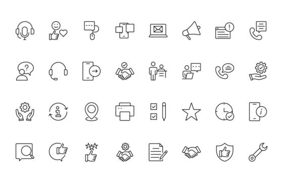 apoyo y cliente Servicio línea estilo moderno íconos colocar. cliente comentario, respuesta, experiencia, línea de ayuda y técnico apoyo mínimo línea icono colocar. vector