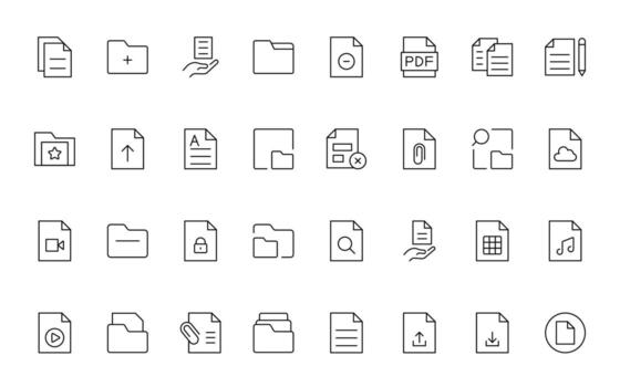 Document File line icons. Document icon set. Set of outline icons related to document, files, message, security line icon set. vector