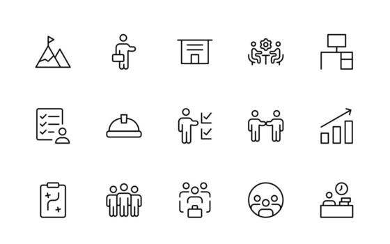 taller, oficina, idea genial, liderazgo relacionado iconos sencillo mínimo editable Delgado línea icono recopilación. vector