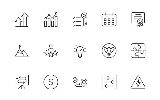 Growth and Success modern line style icons set. Successful business development, plan and process minimal thin line Icon set. vector