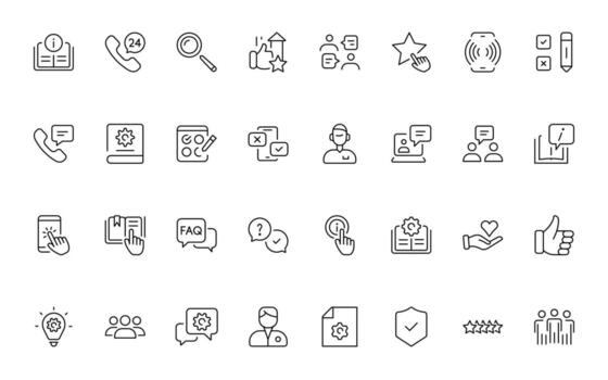 apoyo y cliente o cliente Servicio estilo moderno íconos colocar. cliente comentario, respuesta, experiencia, línea de ayuda y técnico apoyo sencillo mínimo Delgado línea icono recopilación. vector